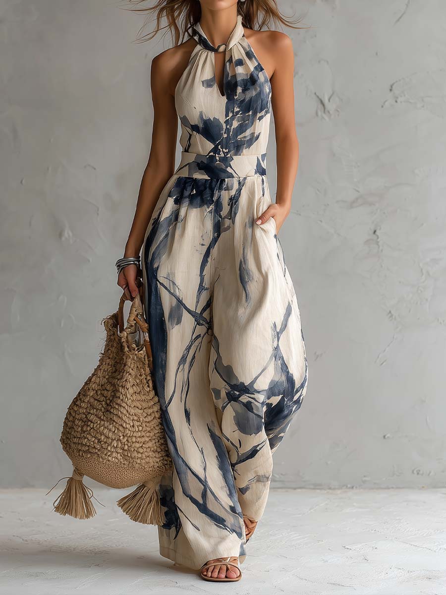 Ink Wash Print Halter Wide-Leg Jumpsuit