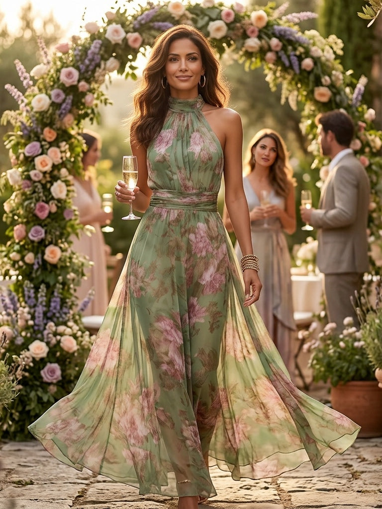 Isla Floral Chiffon Halter Maxi Dress