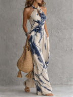 Ink Wash Print Halter Wide-Leg Jumpsuit