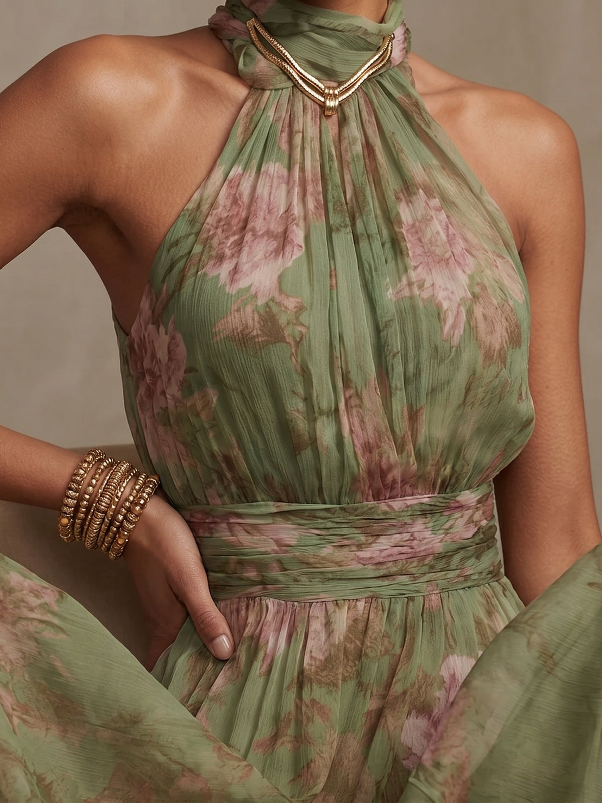 Isla Floral Chiffon Halter Maxi Dress