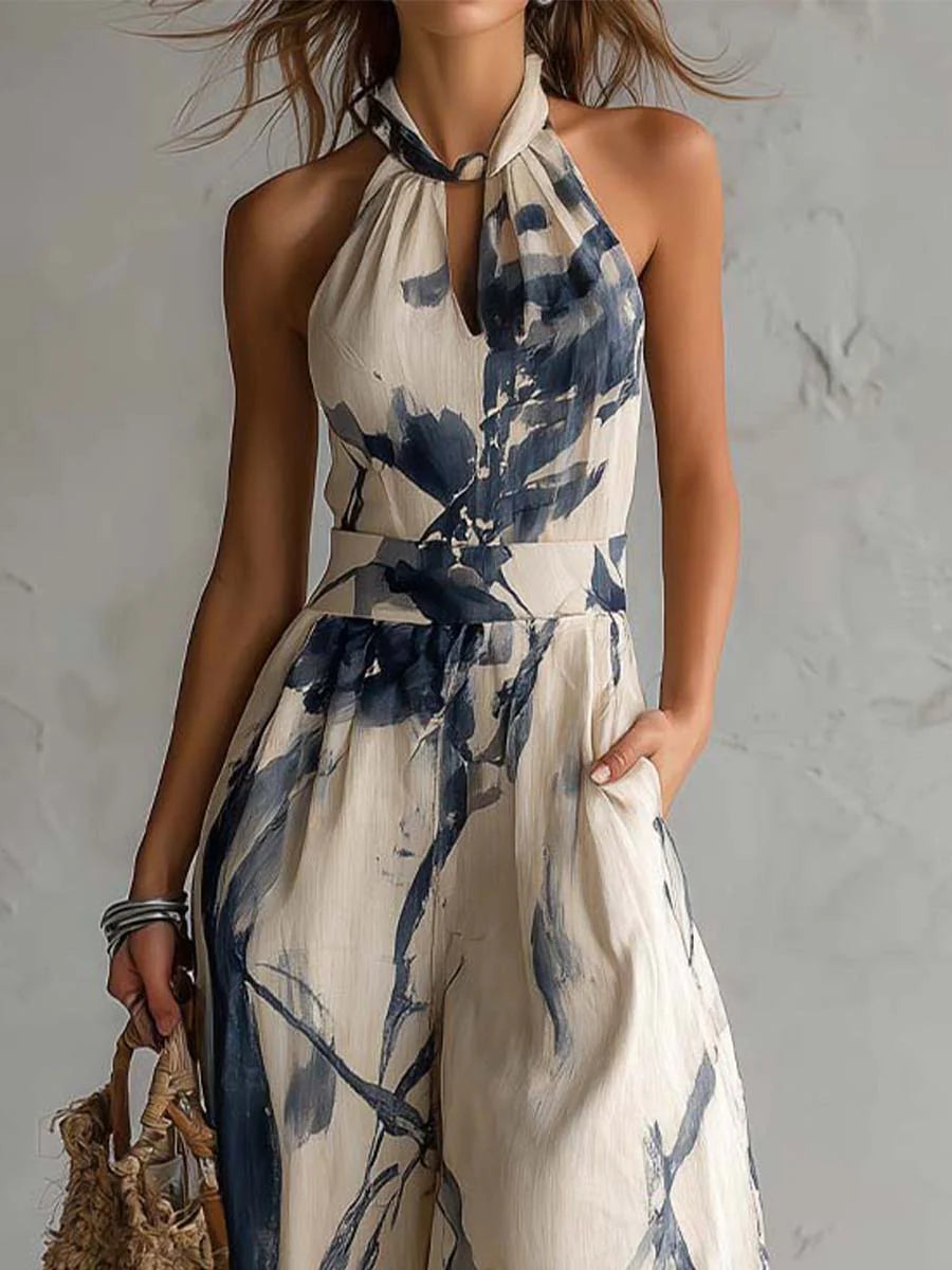 Ink Wash Print Halter Wide-Leg Jumpsuit