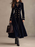 Navy Velvet Cuff Embroidery Double-Breasted Long Coat With Gold Piping