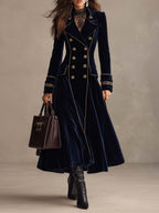 Navy Velvet Cuff Embroidery Double-Breasted Long Coat With Gold Piping