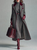 Elegant Herringbone Wool Long Coat with Velvet Trim