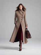 Women's Elegant Herringbone Wool Long Coat with Contrast Piping Stand Collar