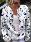 Vynora™ | Vintage Floral Bird Print Button-Front Cardigan Sweater