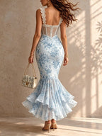 Blue Romantic Floral Midi Mermaid Dress with Lace Trim
