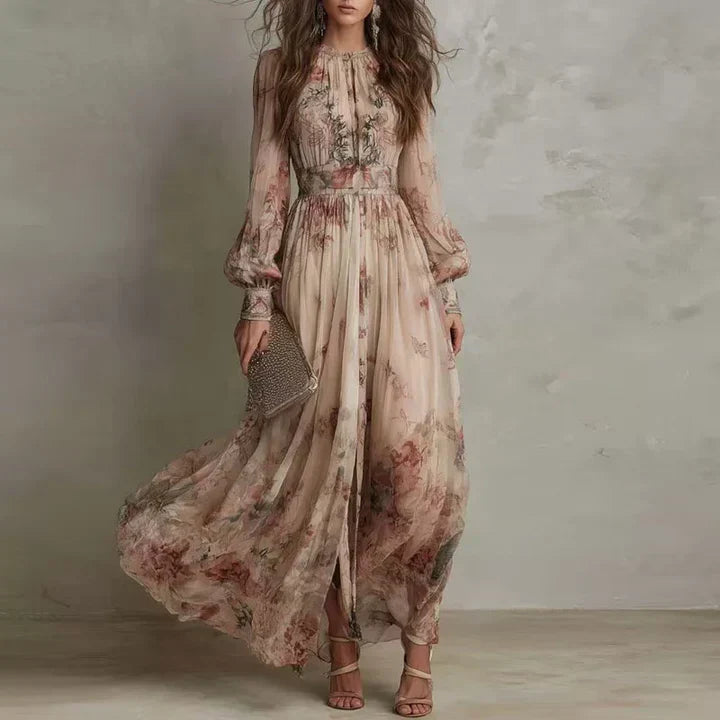 Amelie | Vintage Floral High-Neck Maxi Dress for Women