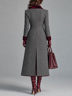 Elegant Herringbone Wool Long Coat with Velvet Trim