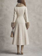 Quiet Luxury Fur-trimmed Collar Double-breasted Wool-blend Coat With Waist-cinching Fit