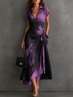 Purple Black Abstract Print Wrap Midi Dress Collared V Neck Short Sleeve Tie Waist Ruffled High‑Low Hem Dress.