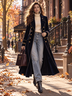 Navy Velvet Cuff Embroidery Double-Breasted Long Coat With Gold Piping