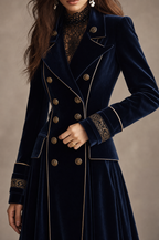 Navy Velvet Cuff Embroidery Double-Breasted Long Coat With Gold Piping