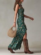 Boho Retro Ruffled Sleeves High Slit Maxi Dress