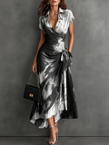 White Black Abstract Print Wrap Midi Dress Collared V Neck Short Sleeve Tie Waist Ruffled High‑Low Hem Dress.