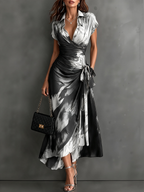 White Black Abstract Print Wrap Midi Dress Collared V Neck Short Sleeve Tie Waist Ruffled High‑Low Hem Dress.