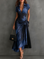Blue Black Abstract Print Wrap Midi Dress Collared V Neck Short Sleeve Tie Waist Ruffled High‑Low Hem Dress.