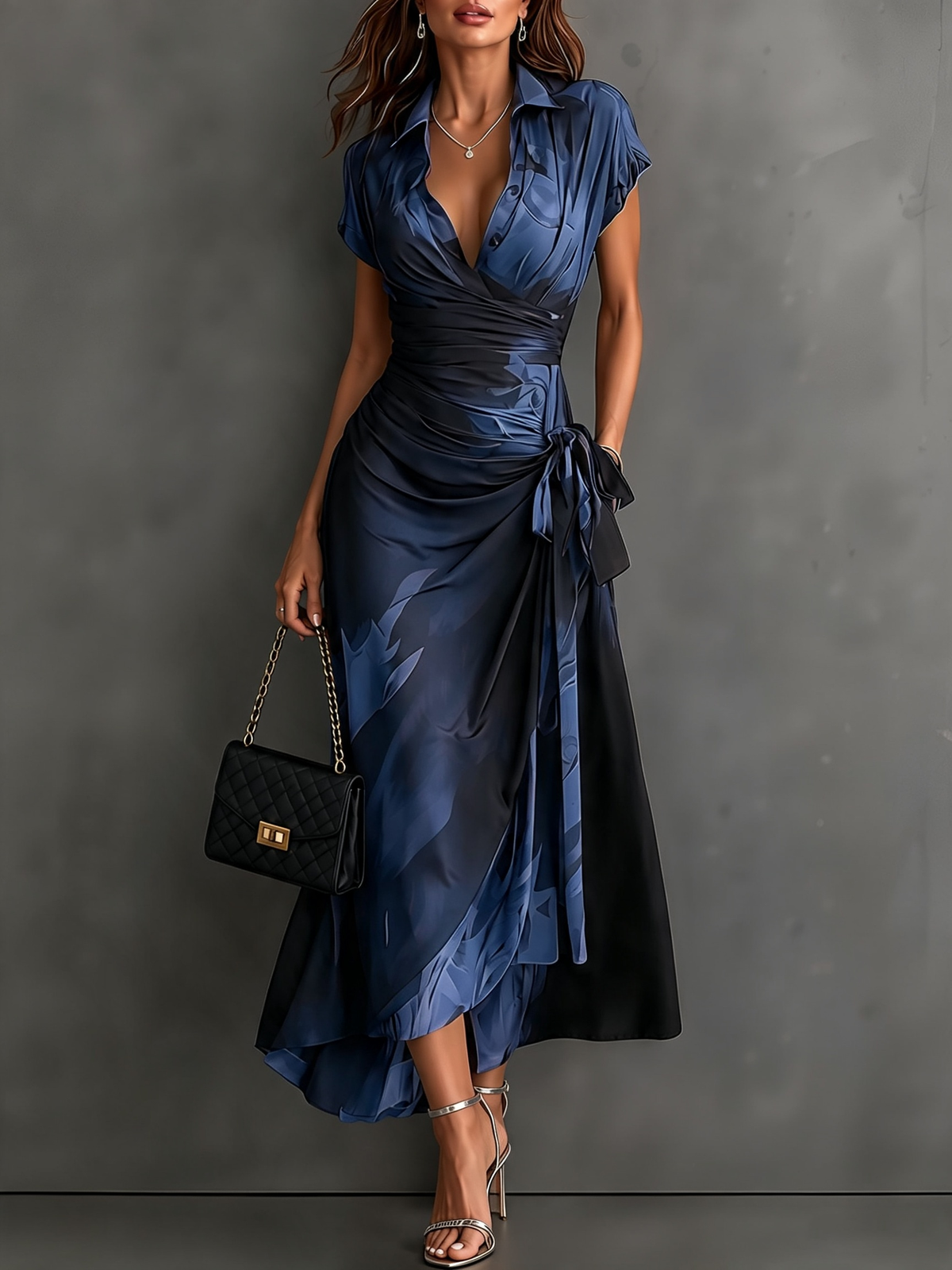 Red Black | Abstract Print Wrap Midi Dress Collared V Neck Short Sleeve Tie Waist Ruffled High‑Low Hem Dress