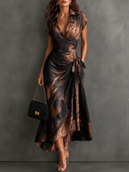 Brown Black Abstract Print Wrap Midi Dress Collared V Neck Short Sleeve Tie Waist Ruffled High‑Low Hem Dress.