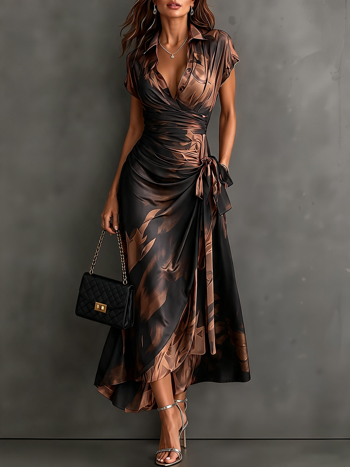 Red Black | Abstract Print Wrap Midi Dress Collared V Neck Short Sleeve Tie Waist Ruffled High‑Low Hem Dress