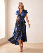 Blue Black Abstract Print Wrap Midi Dress Collared V Neck Short Sleeve Tie Waist Ruffled High‑Low Hem Dress.