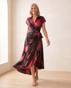 Red Black Abstract Print Wrap Midi Dress Collared V Neck Short Sleeve Tie Waist Ruffled High‑Low Hem Dress.