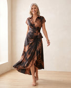 Brown Black Abstract Print Wrap Midi Dress Collared V Neck Short Sleeve Tie Waist Ruffled High‑Low Hem Dress.