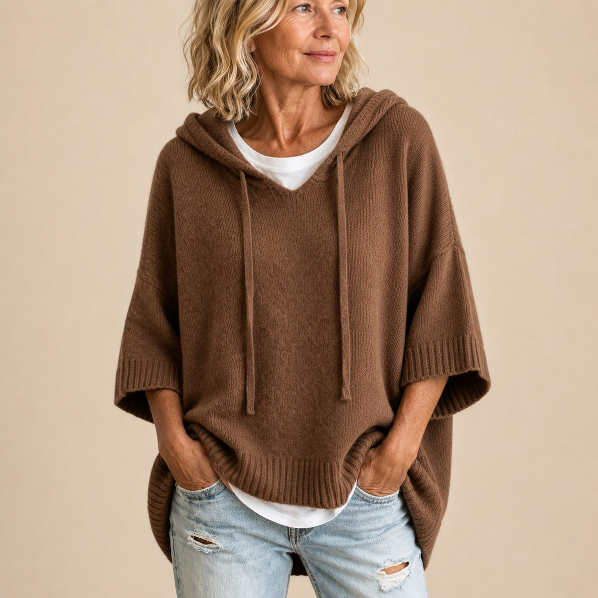 Brown Knitted Poncho with Hood