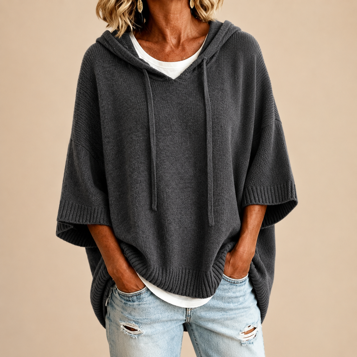 Hooded Knit Poncho in Gray