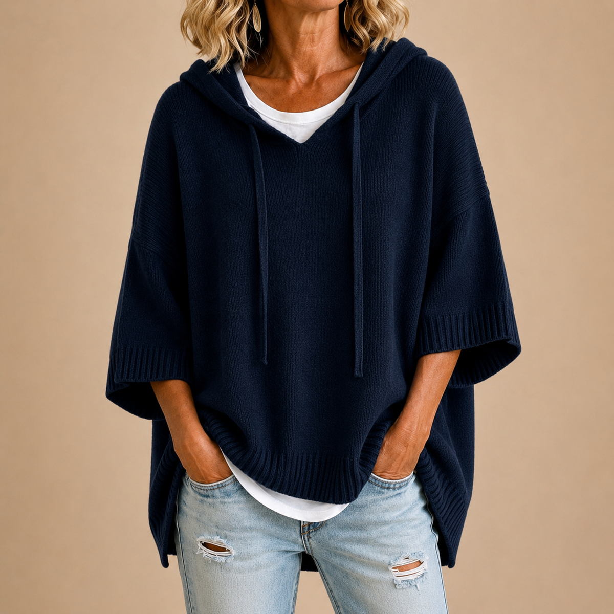 Knitted Poncho with Hood in Navy Blue