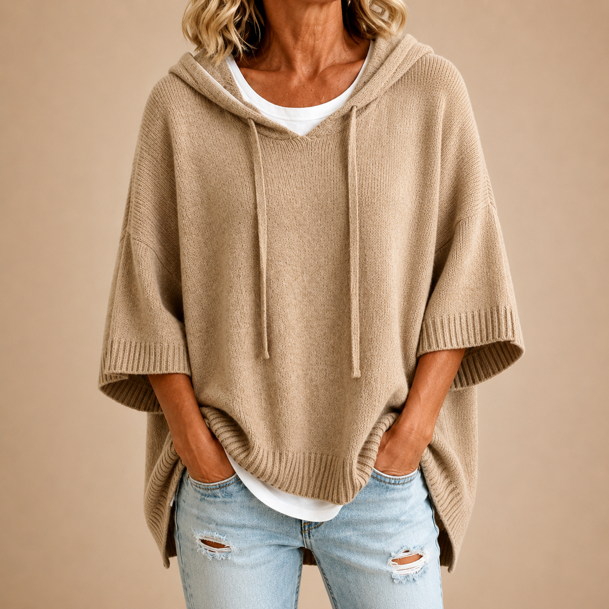 Hooded Knit Poncho in Khaki