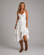 Retro Boho Corset Tiered Midi Dress With Lace-Trim