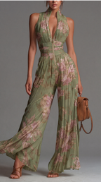 Sage Floral V-Neck Pleated Wide-Leg Chiffon Jumpsuit