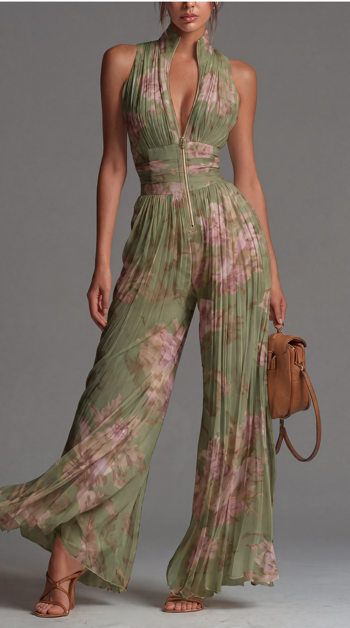 Sage Floral V-Neck Pleated Wide-Leg Chiffon Jumpsuit