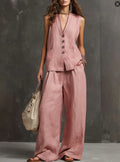 Two-piece cotton and linen set with sleeveless vest and wide-leg pants
