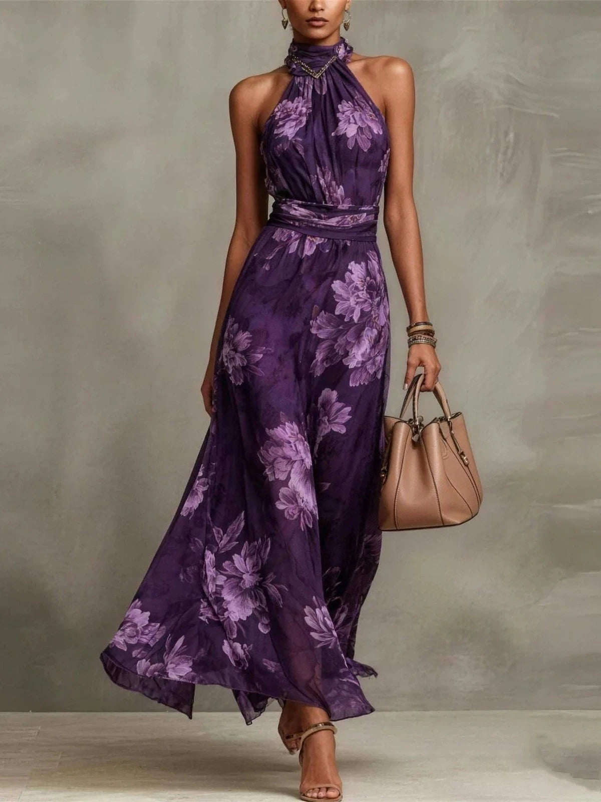 Aurelia Violet – Floral Halter Chiffon Maxi Dress