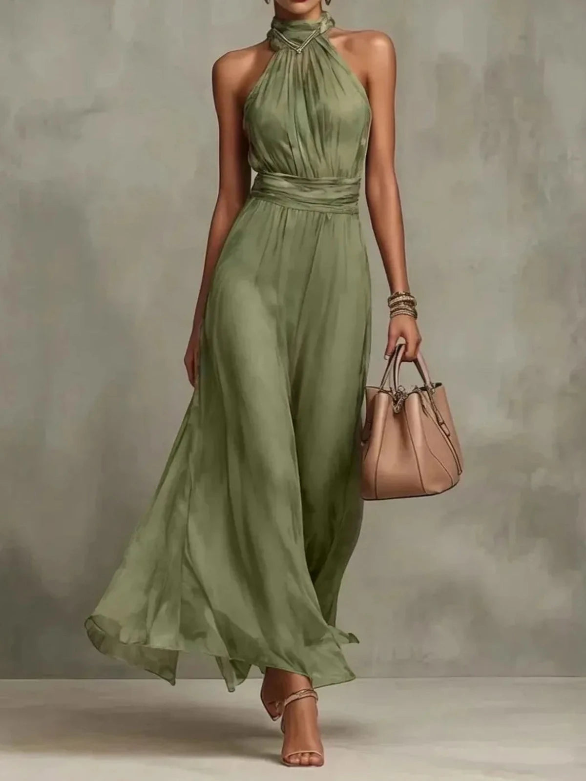 Aurelia Sage – Halter Chiffon Maxi Dress