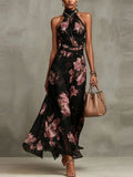 Aurelia Nocturne – Floral Halter Chiffon Maxi Dress