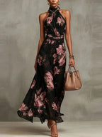 Aurelia Nocturne – Floral Halter Chiffon Maxi Dress