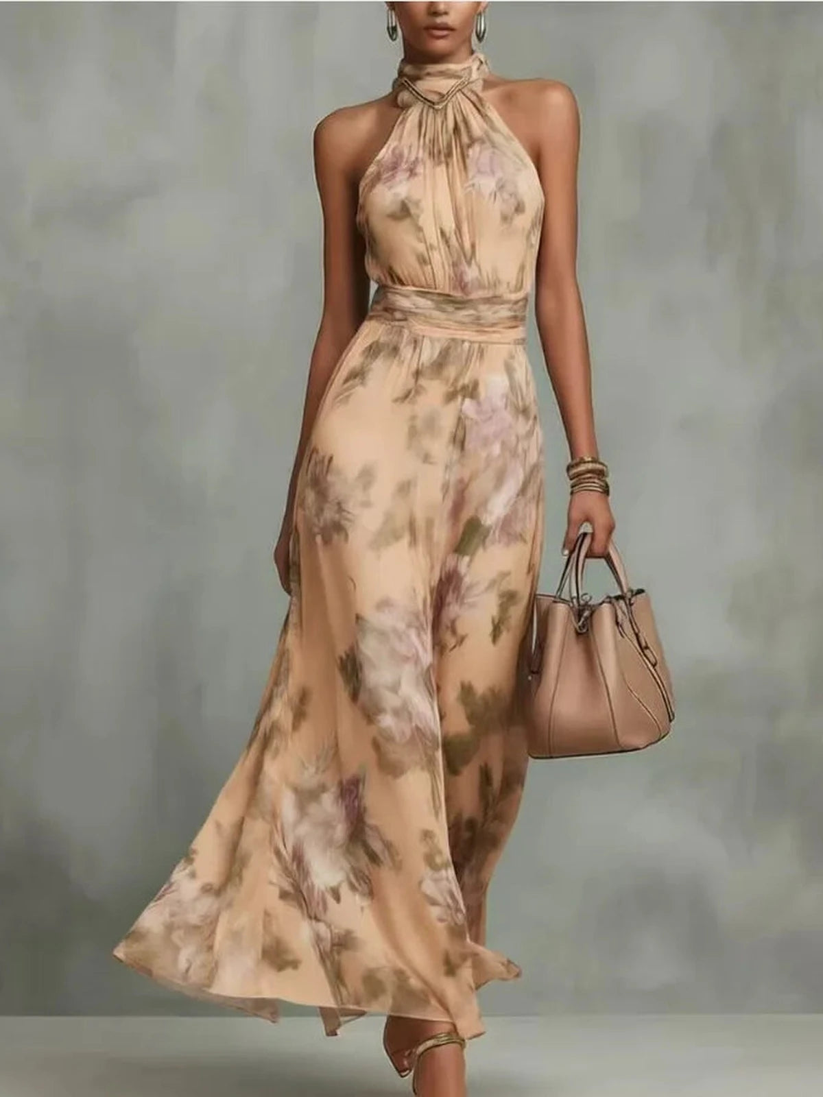 Aurelia Blush – Floral Halter Chiffon Maxi Dress