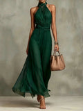 Aurelia Emerald – Halter Chiffon Maxi Dress