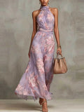 Aurelia Lilac – Floral Halter Chiffon Maxi Dress