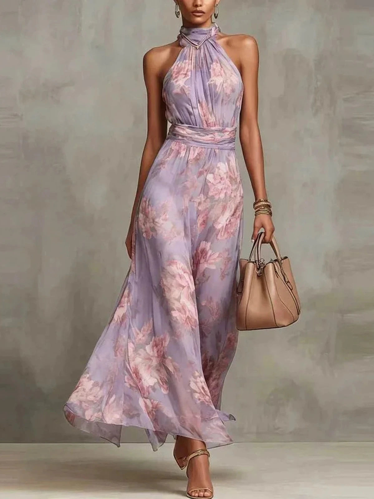 Aurelia Lilac – Floral Halter Chiffon Maxi Dress