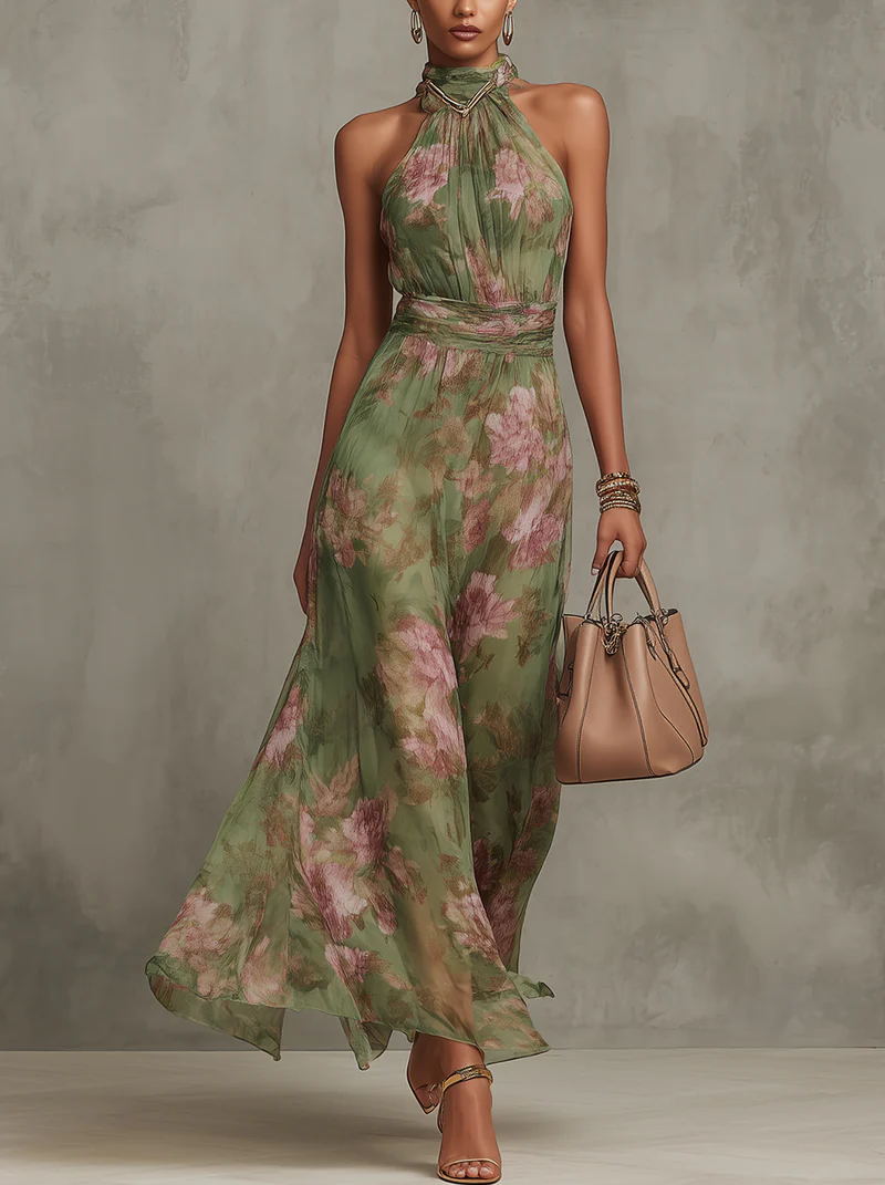 Isla Floral Chiffon Halter Maxi Dress