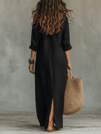 Soline™ - Loose Black Maxi Dress with Buttons