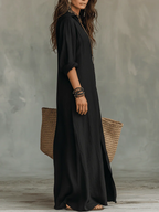 Soline™ - Loose Black Maxi Dress with Buttons
