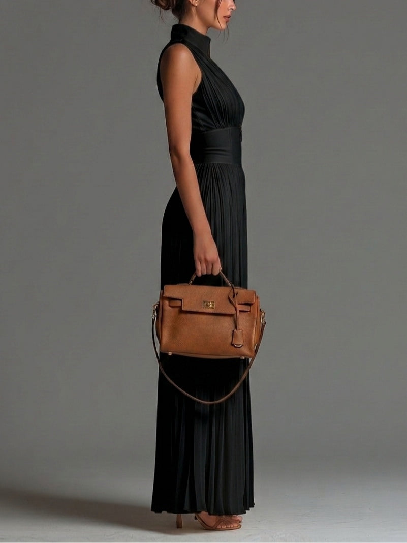 Black V-Neck Pleated Wide-Leg Chiffon Jumpsuit