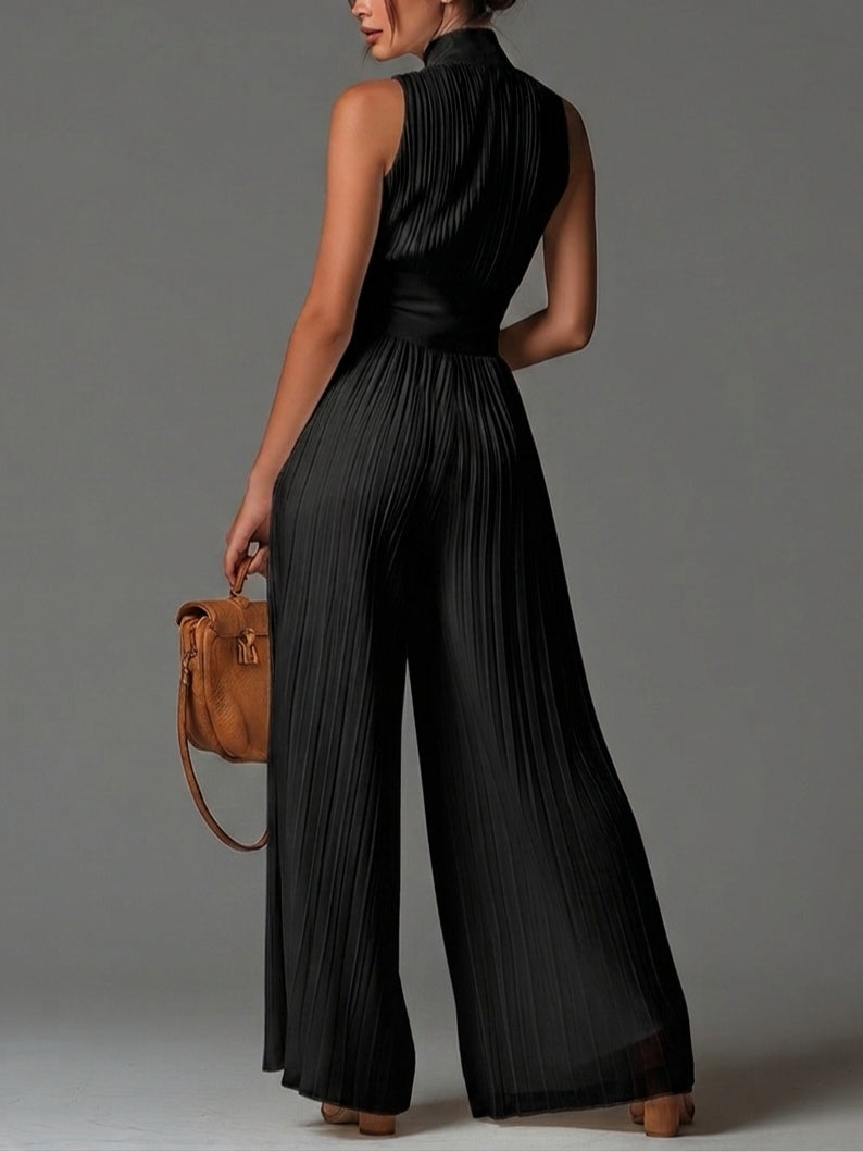 Black V-Neck Pleated Wide-Leg Chiffon Jumpsuit