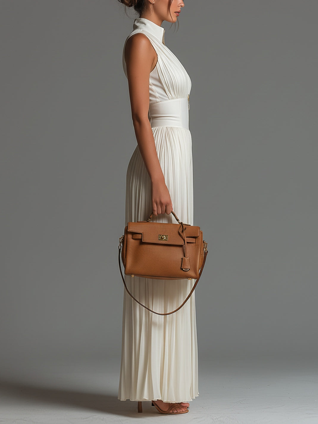 White V-Neck Pleated Wide-Leg Chiffon Jumpsuit