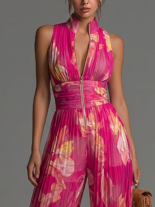 Fuchsia Floral Pleated Wide-Leg Chiffon Jumpsuit
